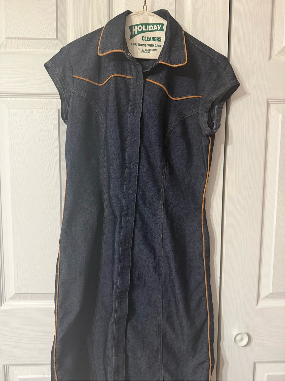 Vintage Denim Button-Front Dress with Contrast Piping - Dark Blue
